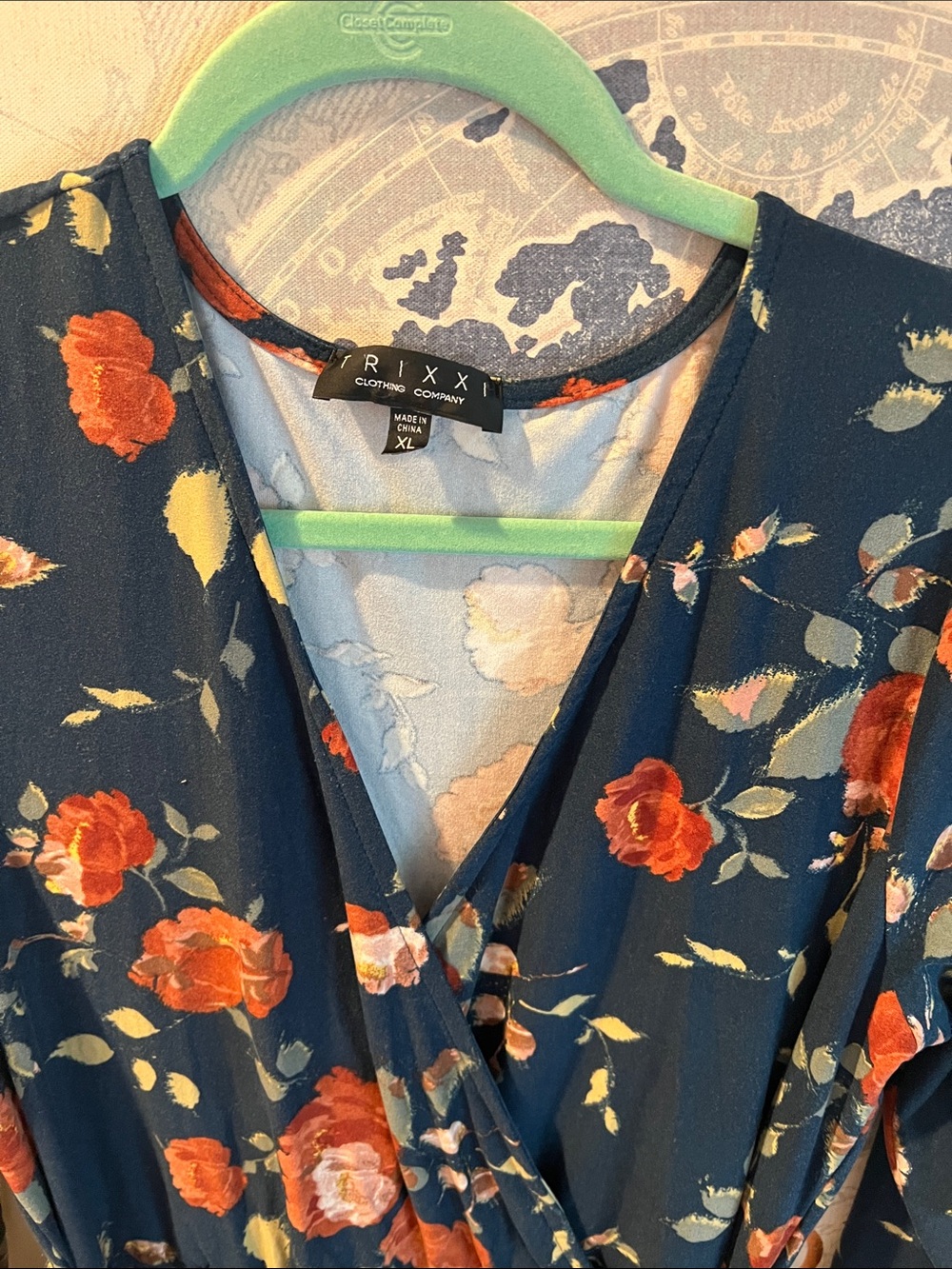 Trixxi Navy Floral Faux-Wrap Dress with Red & Cream Blooms